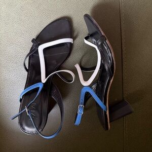 By Far Brigette Marin Blue, White and Black Leather Sandals Heels Size 39